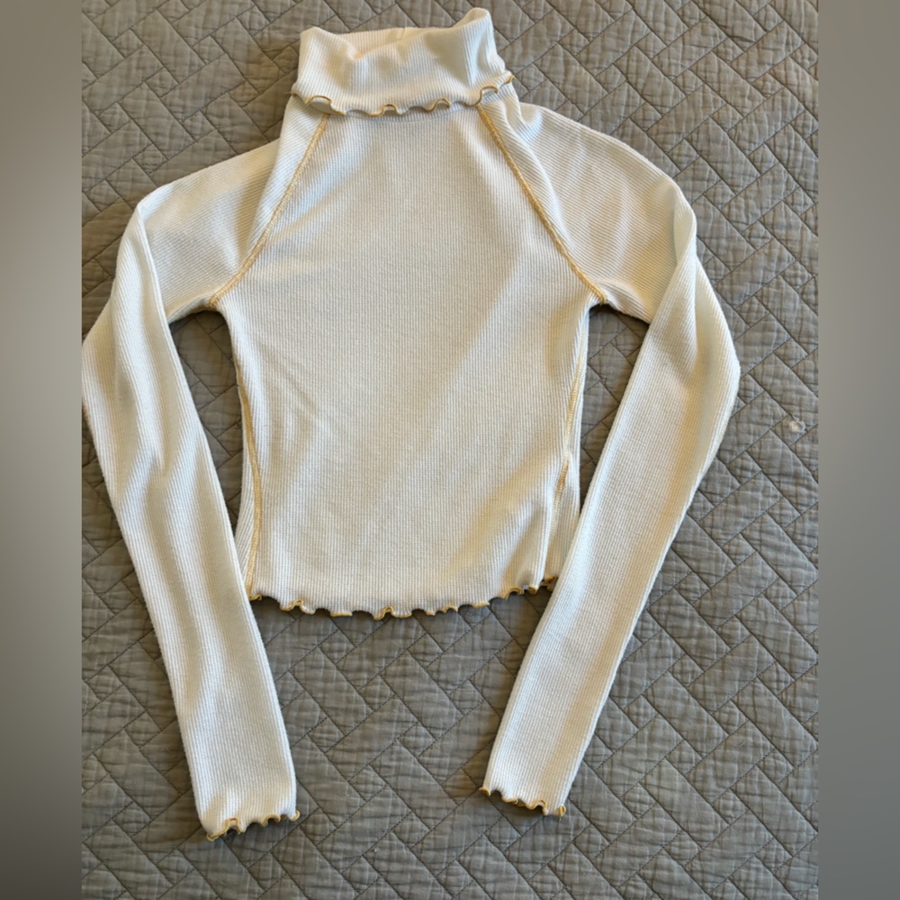 Urban Outfitters White Turtleneck Thermal Shirt with yellow stitching
